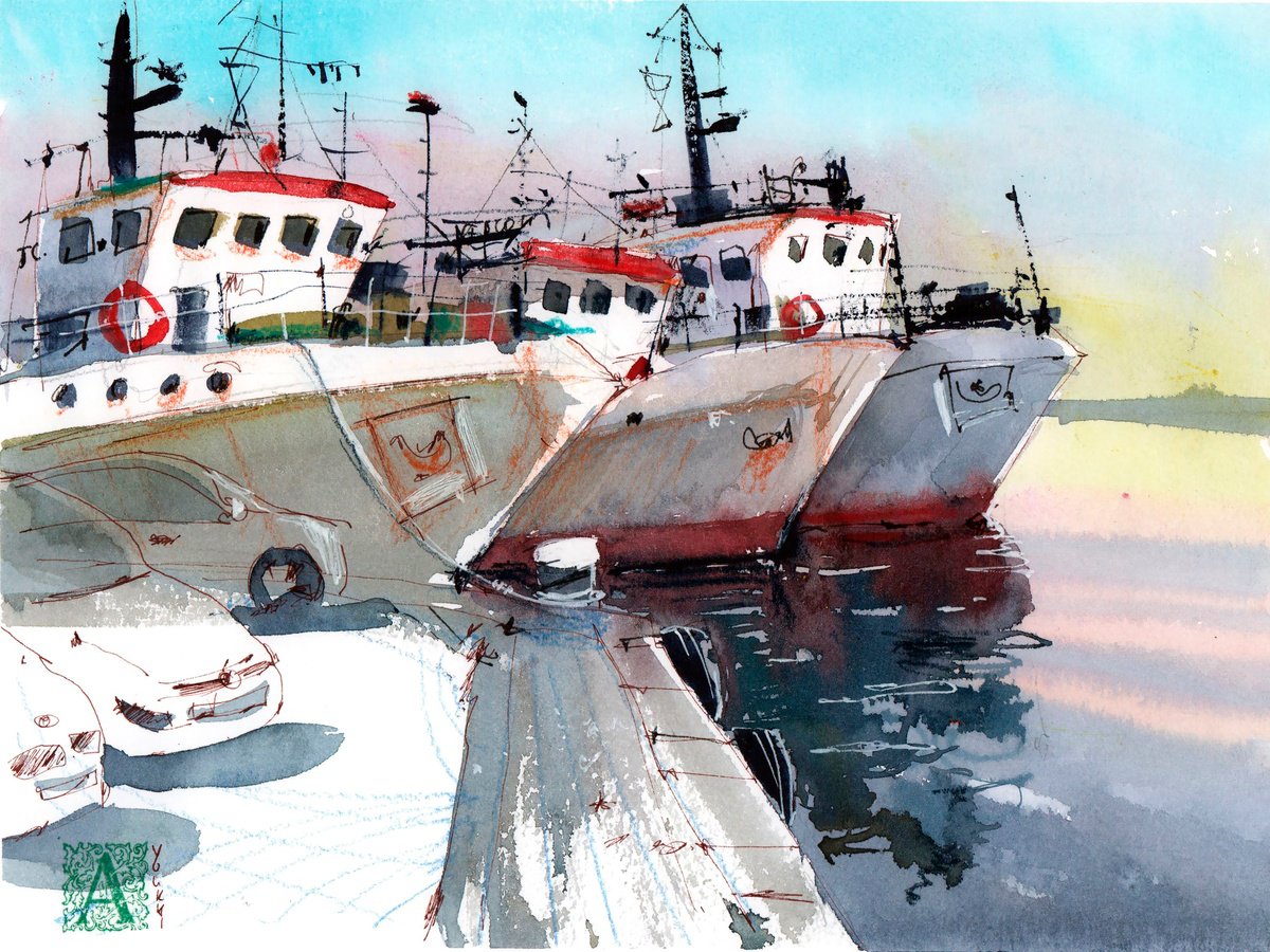 Impressionistic Landscape Watercolour By Anastasia Mamoshina, 12 X 9, Sozopol Sunset Boats, Original Artwork