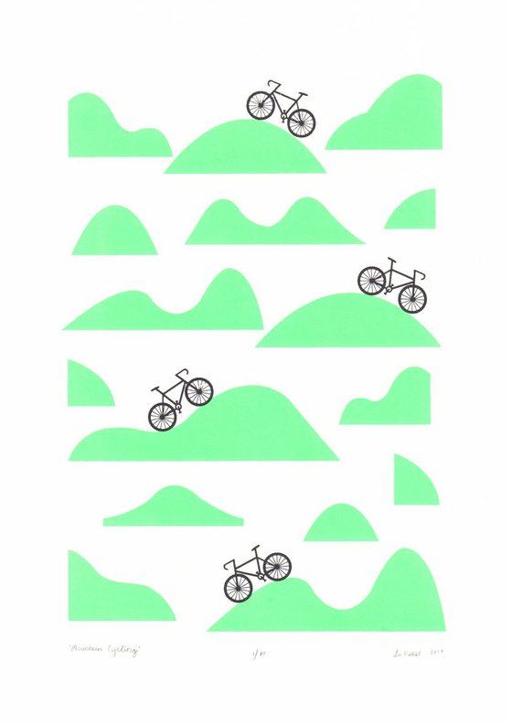 Mountain Cycling Screen Print A3 size in Retro Mint- Unframed - FREE Worldwide Delivery