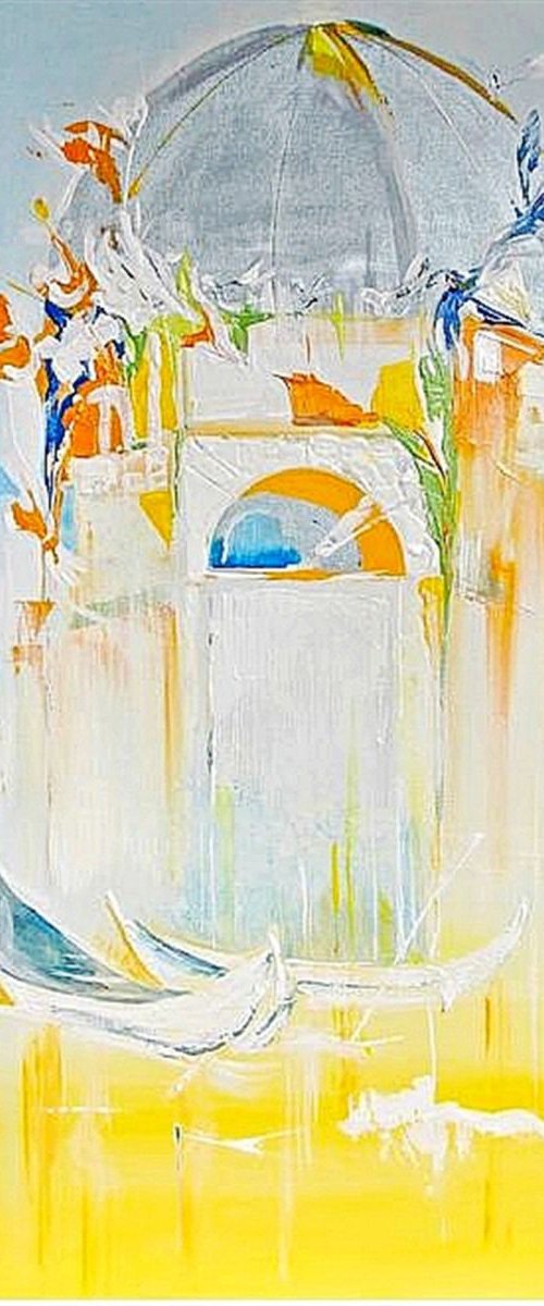 " Belfry with pigeons" - Abstract painting, boats, blue sky, pigeons 24 X 32, abstract original modern landscape canvas paintings, Large Original Painting on Canvas by Maria Paunova