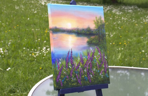 Lake with lupines meadow