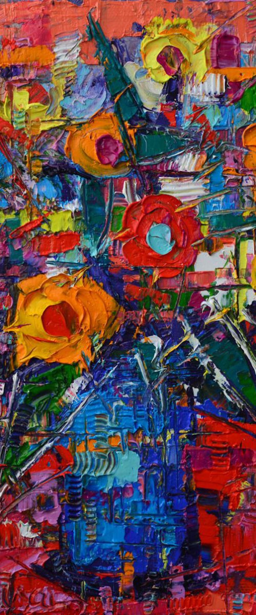 ABSTRACT COLOURFUL FLOWERS - abstract modern impressionist contemporary floral art original palette knife oil painting by ANA MARIA EDULESCU