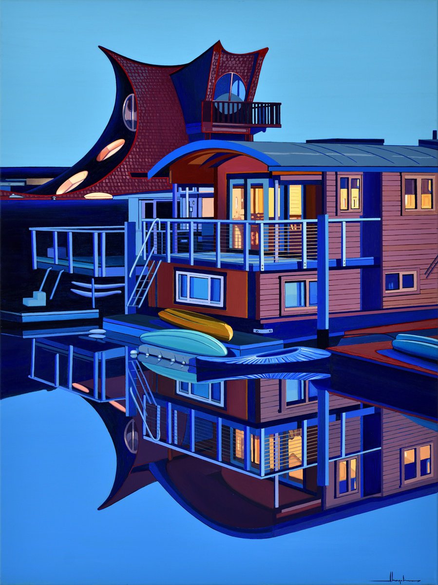 Photorealistic Landscape Acrylic Painting By Alex Nizovsky, 30 X 40, Sausalito Owl Houseboat, Original Artwork