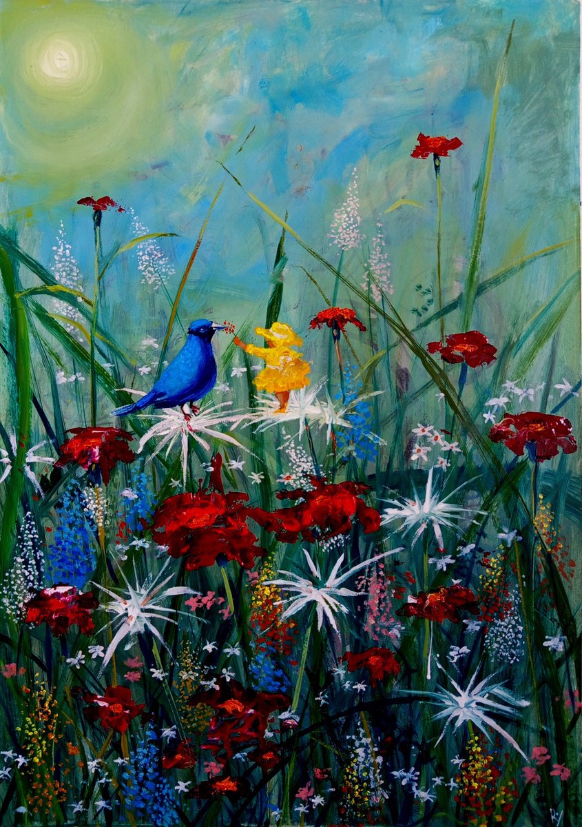 Surrealistic Botanical Oil Painting By Serhiy Roy, 17 X 23", The Blue Bird., Original Artwork