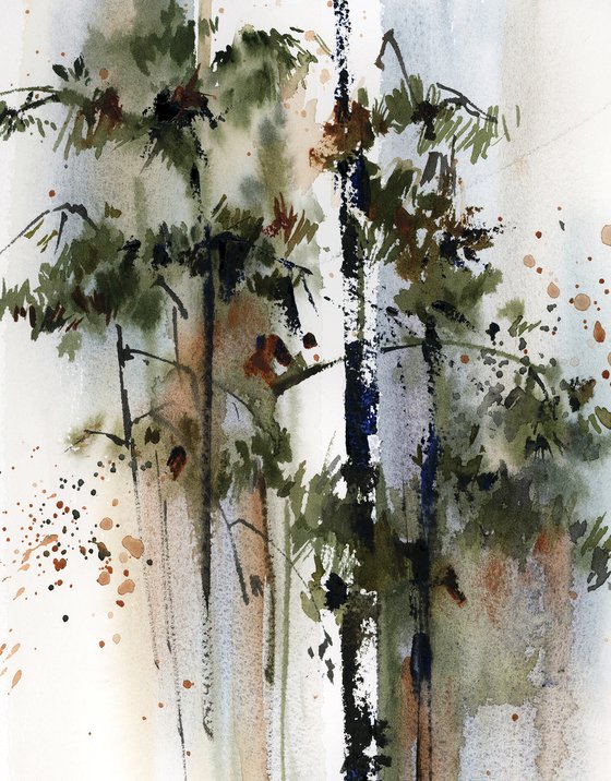 Pine Trees Landscape Watercolor Painting