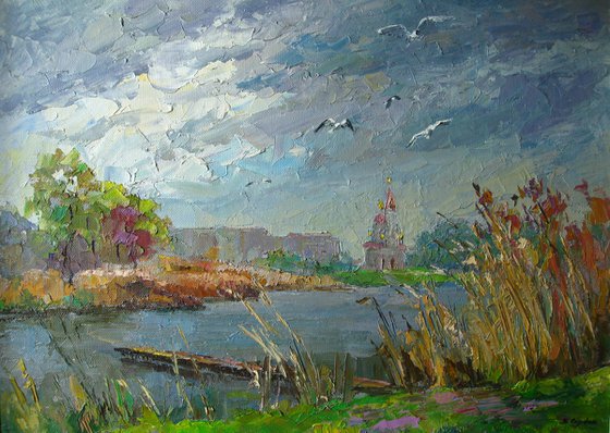 Gulls over the river. Dry Kagamlyk