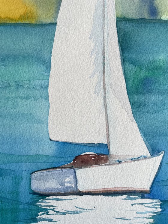 Ship Original Watercolor Painting, Large Switzerland Landscape Artwork, Boat Wall Art, Water Picture