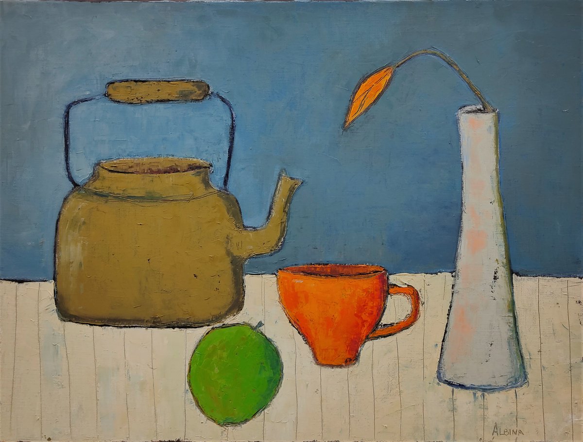 Naive Still Life Oil Painting By Albina Urbanek, 24 X 18, Breakfast With Tulip, Original Artwork