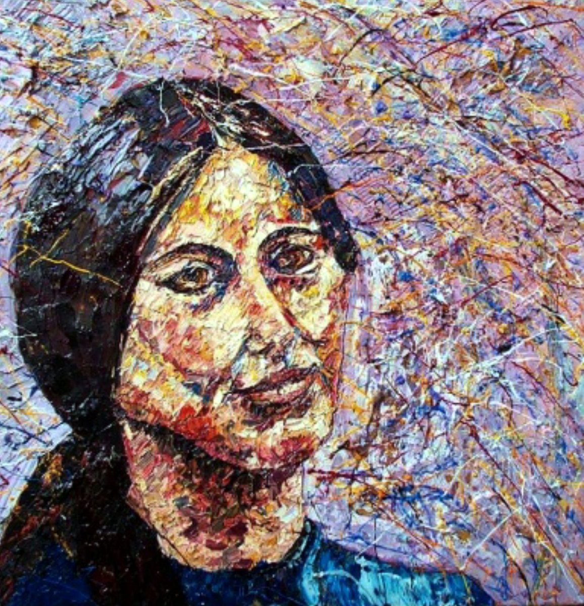 Expressive Portrait Oil Painting By Richard Meyer, 21 X 22", Eva In Blue, Original Artwork