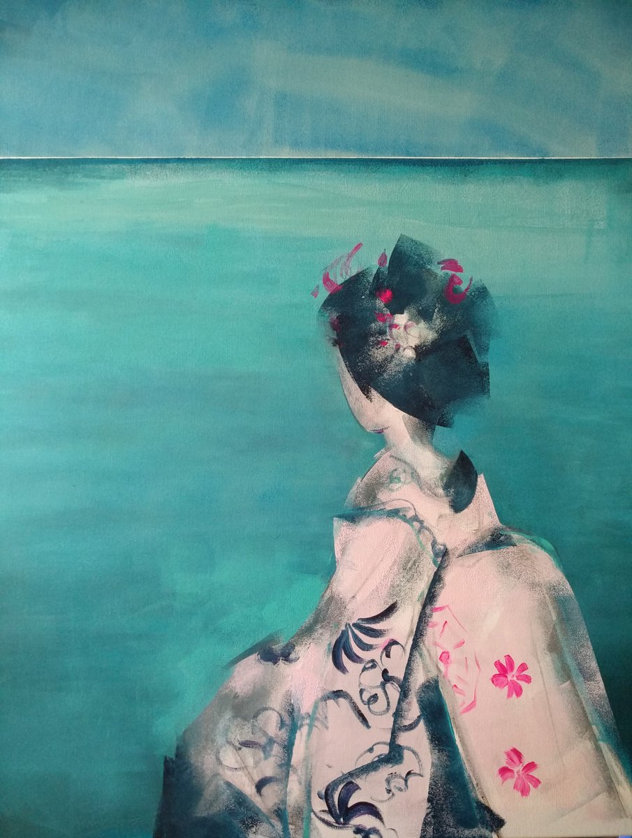 Expressive Portrait Acrylic Painting By Marina Del Pozo, 29 X 36", La Gheisa Y El Mar, Original Artwork