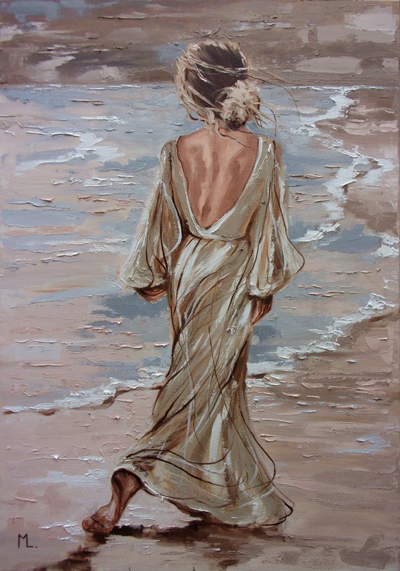 " SOMEWHERE ON THE BEACH ... " 100X70CM original painting SEA SPRING palette knife GIFT