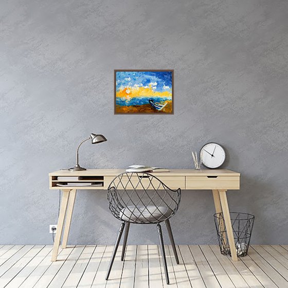 Row Boat Painting Nautical Original Art Maritime Oil Artwork Seascape Impasto Palette Knife Home Wall Art 16 by 12" by Halyna Kirichenko