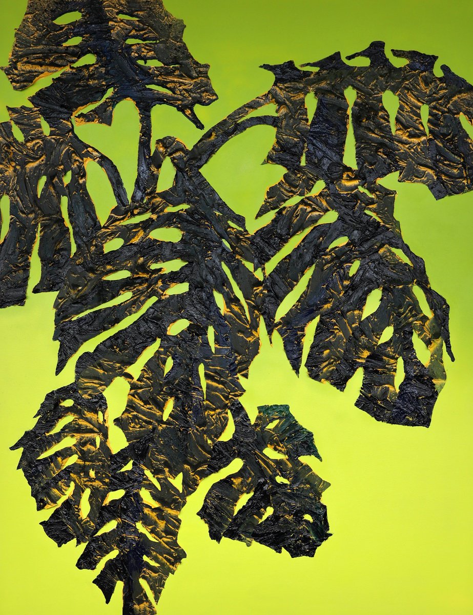 Photorealistic Botanical Oil Painting By Dominic Virtosu, 39 X 51, Monstera On Green, Original Artwork