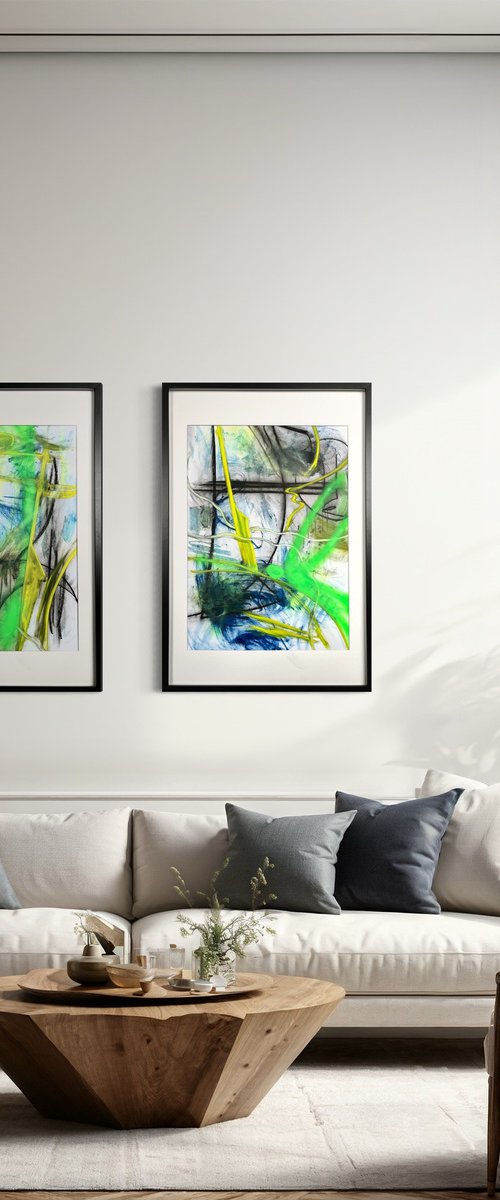 Framed abstract paintings by Maria Esmar