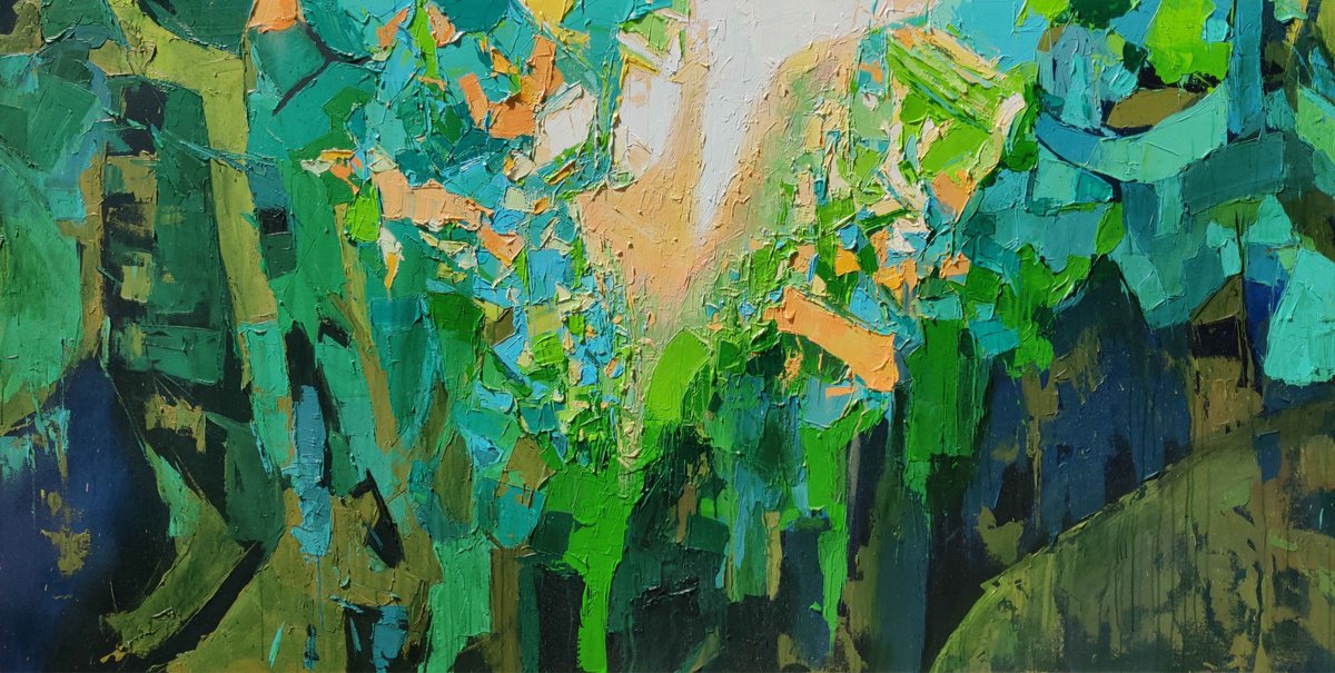 Organic Landscape Acrylic Painting By Abhishek Kumar, 102 X 54, Green Spring, Original Artwork
