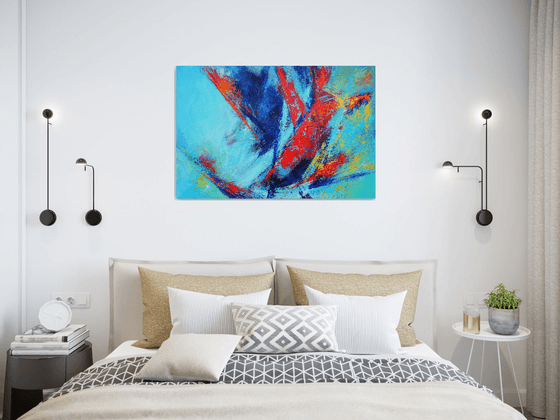 Large Abstract Blue Teal Red Landscape Painting. Modern Textured Art. Abstract. 61x91cm.