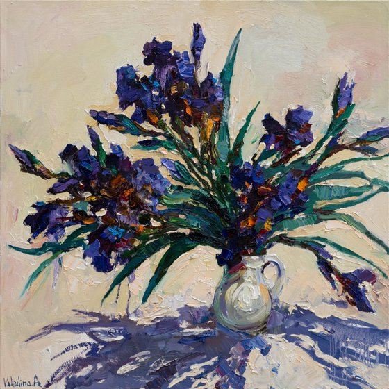 Irises still life painting 80 x 80 cm Original oil painting