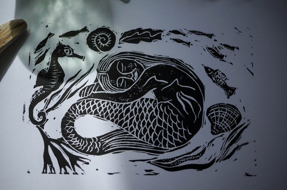 Mermaid Linocut Print