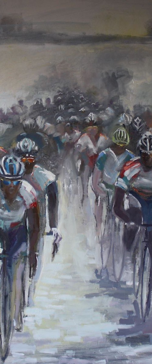 'Paris Roubaix over the Cobbles' Cycling Painting by Simon Jones