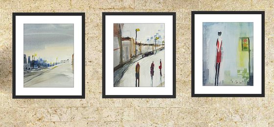 "CITY LIGHTS." A SET OF THREE STUDIES. A TRIPTYCH, three associated artistic works.