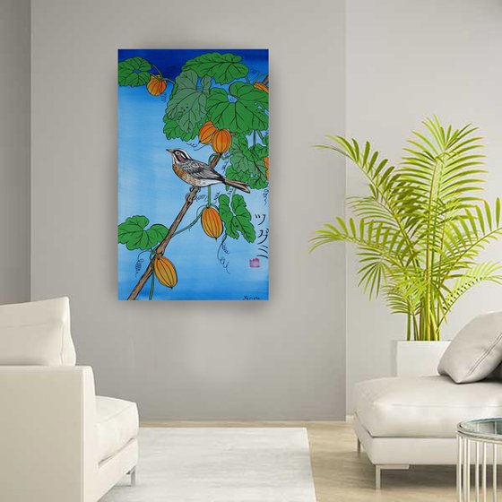 catbird branch Japan Hieroglyph original artwork in japanese style J105 ready to hang painting acrylic on stretched canvas wall art
