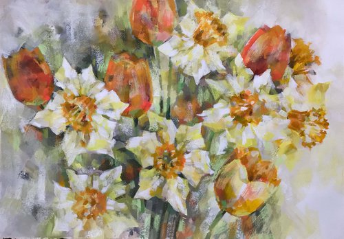 Spring daffodils 2. one of a kind, handmade artwork, original painting. by Galina Poloz
