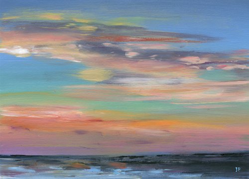 Abstract acrylic sea landscape painting , coastal sunset artwork , beach wall art with cloudy sky by Irina Povaliaeva