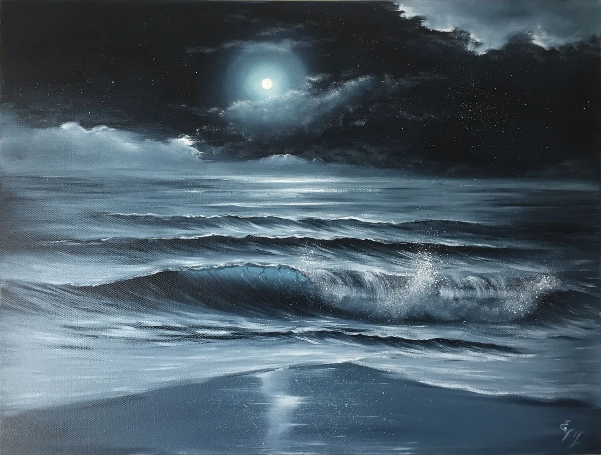 moon over sea painting