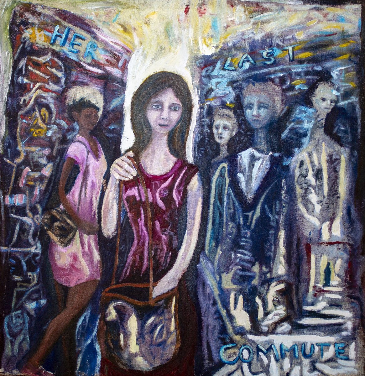 Expressive Portrait Oil Painting By Ryan Louder, 40 X 40", Her Last Commute, Original Artwork