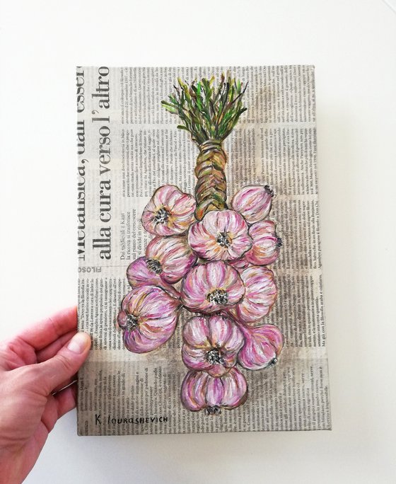 Garlic String on Newspaper