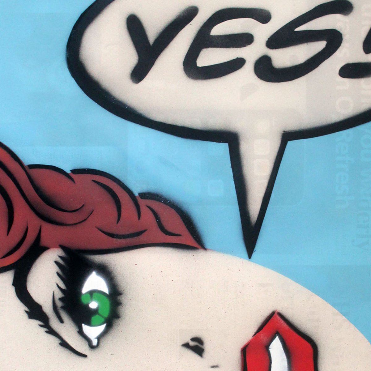 Cartoon Portrait Painting By Juan Sly, 23 X 30", "Yes!" (Brunette, Blue, U)., Original Artwork