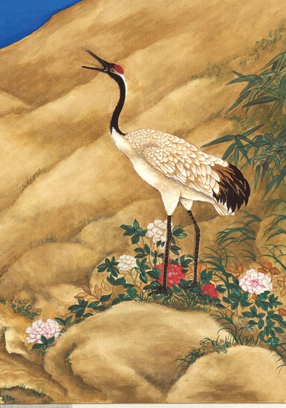 Cranes with Peonies and Heavenly Bamboo under a Cobalt Sky