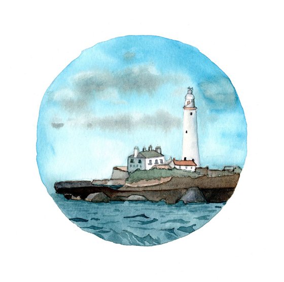St Mary's Lighthouse Whitley Bay - Impressionist Illustration in Watercolour