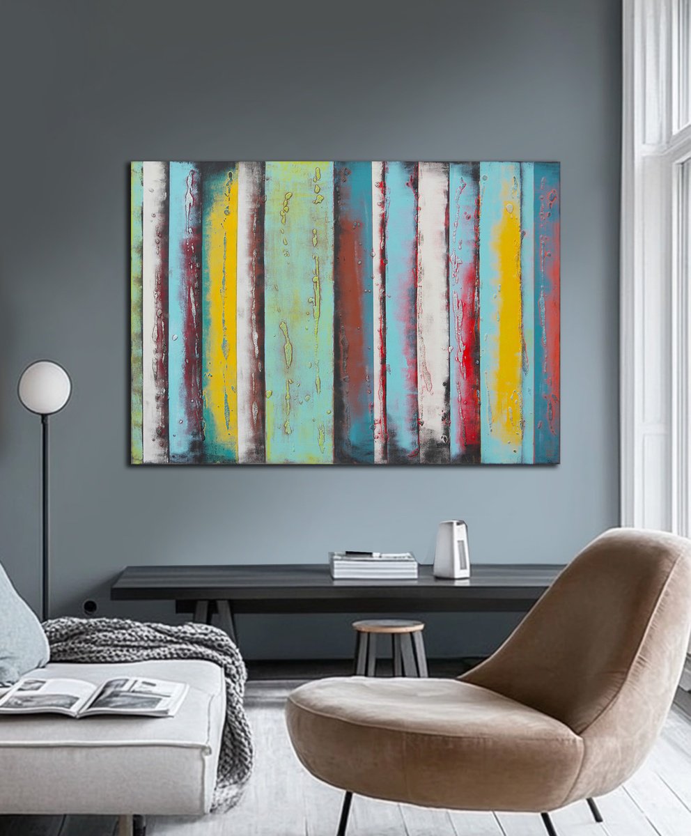 Abstract Acrylic Painting By Ronald Hunter, 49 X 35", Yellow Panel 125, Original Artwork