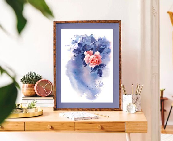 "Twilight in the garden" - original watercolor orange rose sketch