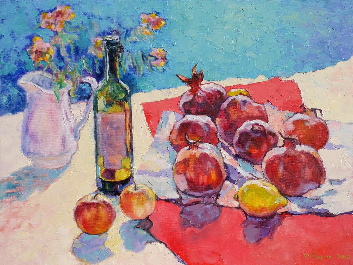 Impressionistic Still Life Oil Painting By Dima Braga, 31 X 24, Pomegranates And Red Dry, Original Artwork
