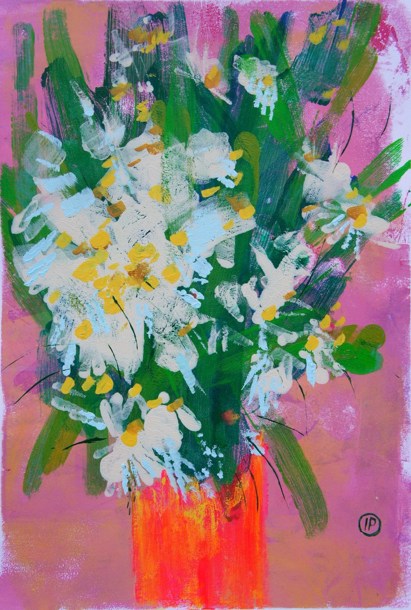 Impressionistic Botanical Acrylic Painting By Irina Plaksina, 9 X 13, Daisies, Original Artwork