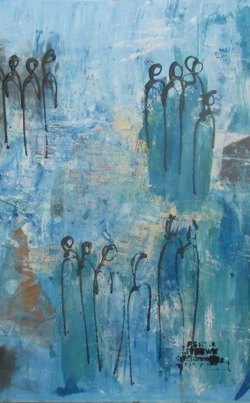 abstract blue People  Acryl and Oilpainting Collage on canvas  31,5 x 47,2 inch by Sonja Zeltner-Müller