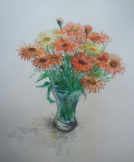 Summer bouquet.  Béllis. Original pastel drawing.