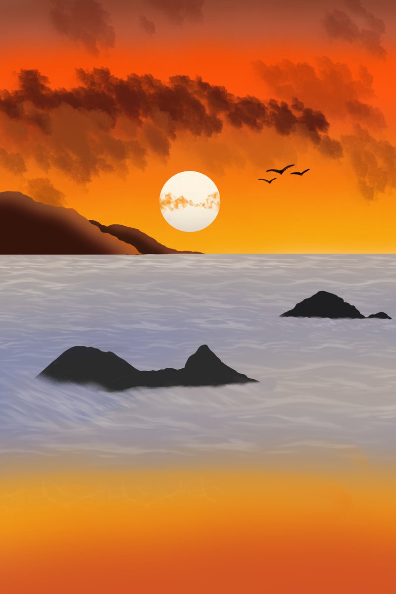 Illustrative Landscape Giclee Print By Sumit Mehndiratta, 27 X 41", Sunset On The Beach, Original Artwork