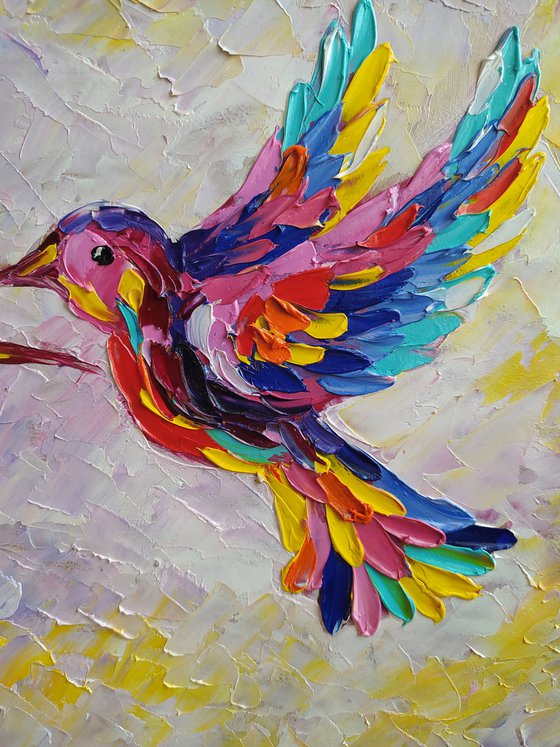 In pink dreams - birds, hummingbirds oil painting, love oil painting, birds oil painting, hummingbirds, love, animals oil painting, art bird, impressionism, palette knife, gift idea.