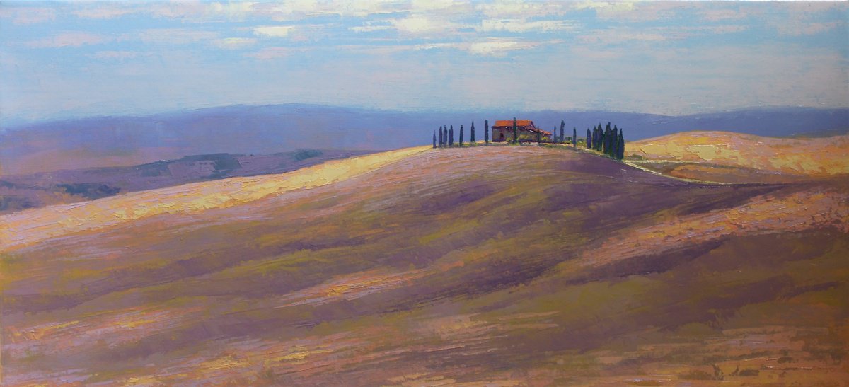 Impressionistic Landscape Oil Painting By Revaz Tcheishvili, 38 X 18", Toscana, Plein Air, Original Artwork