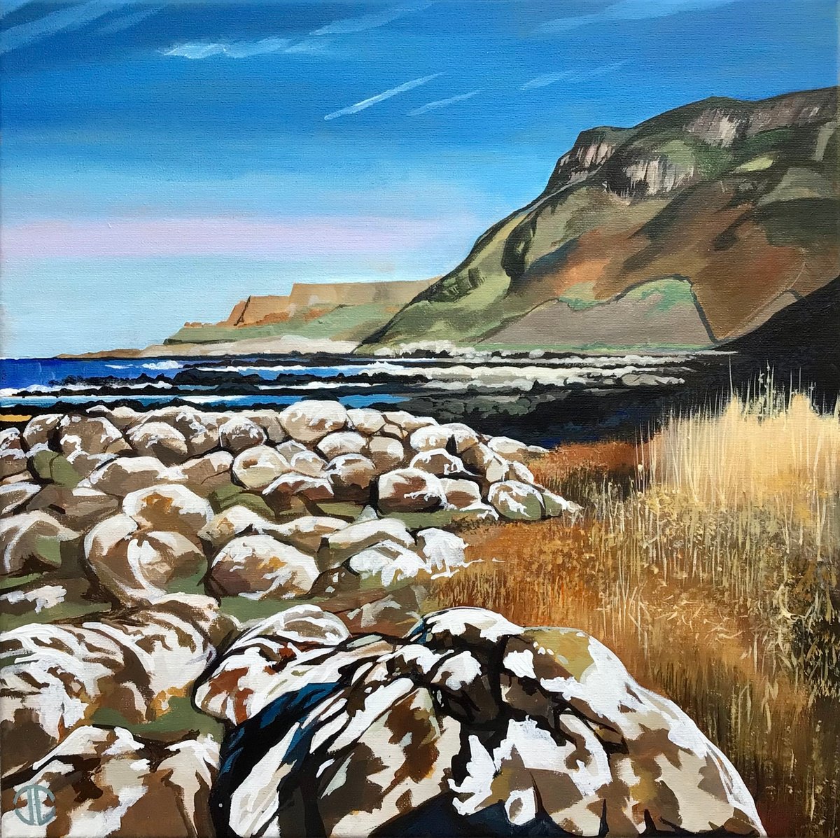 Impressionistic Landscape Acrylic Painting By Joseph Lynch, 20 X 20, Lichen Covered Rocks On Beach, Original Artwork