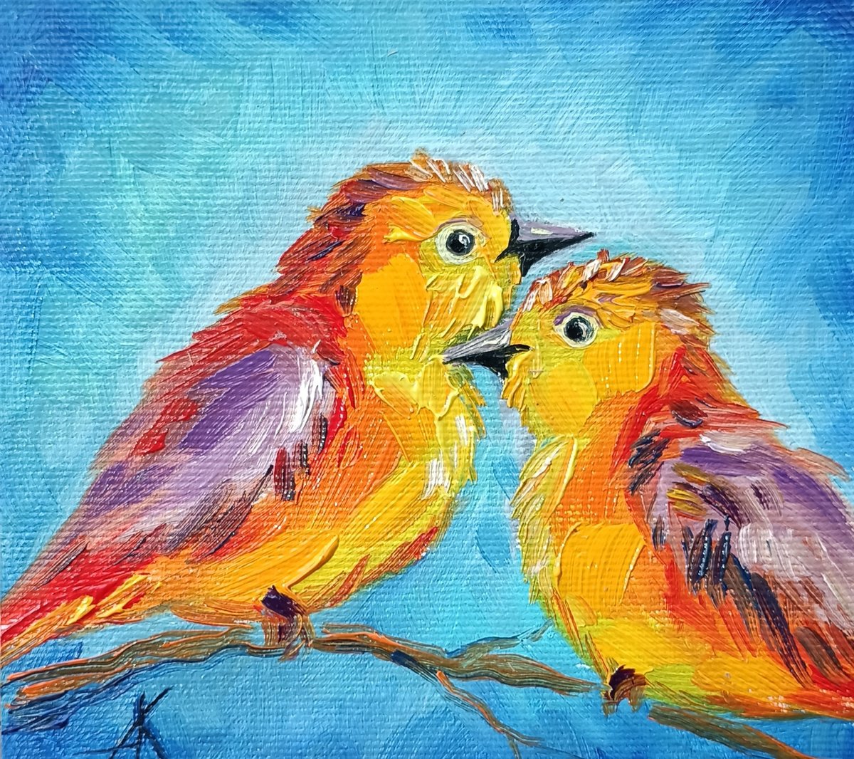 Orange birds - oil painting, bird, love, birds in love, birds oil painting, gift, bird art... by Anastasia Kozorez