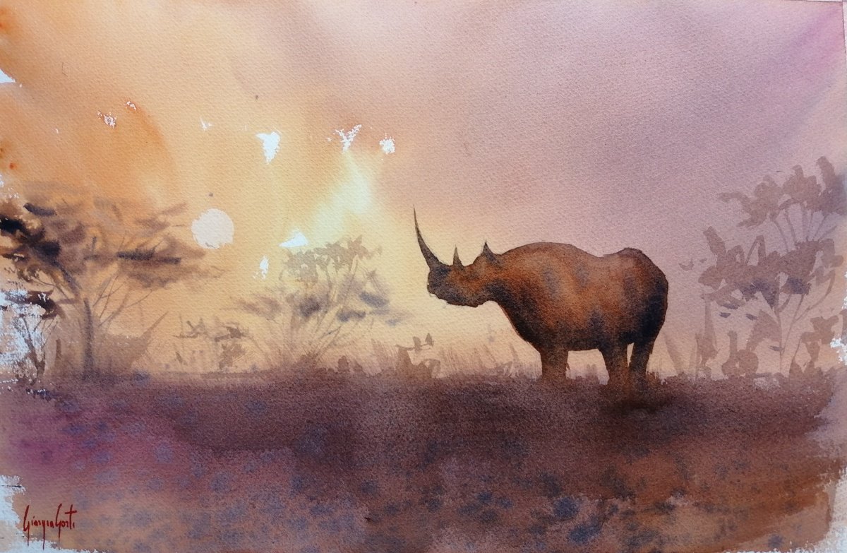 Impressionistic Watercolour , Rhinos 7 By Giorgio Gosti, 21 X 14, Artwork For Sale On Artfinder