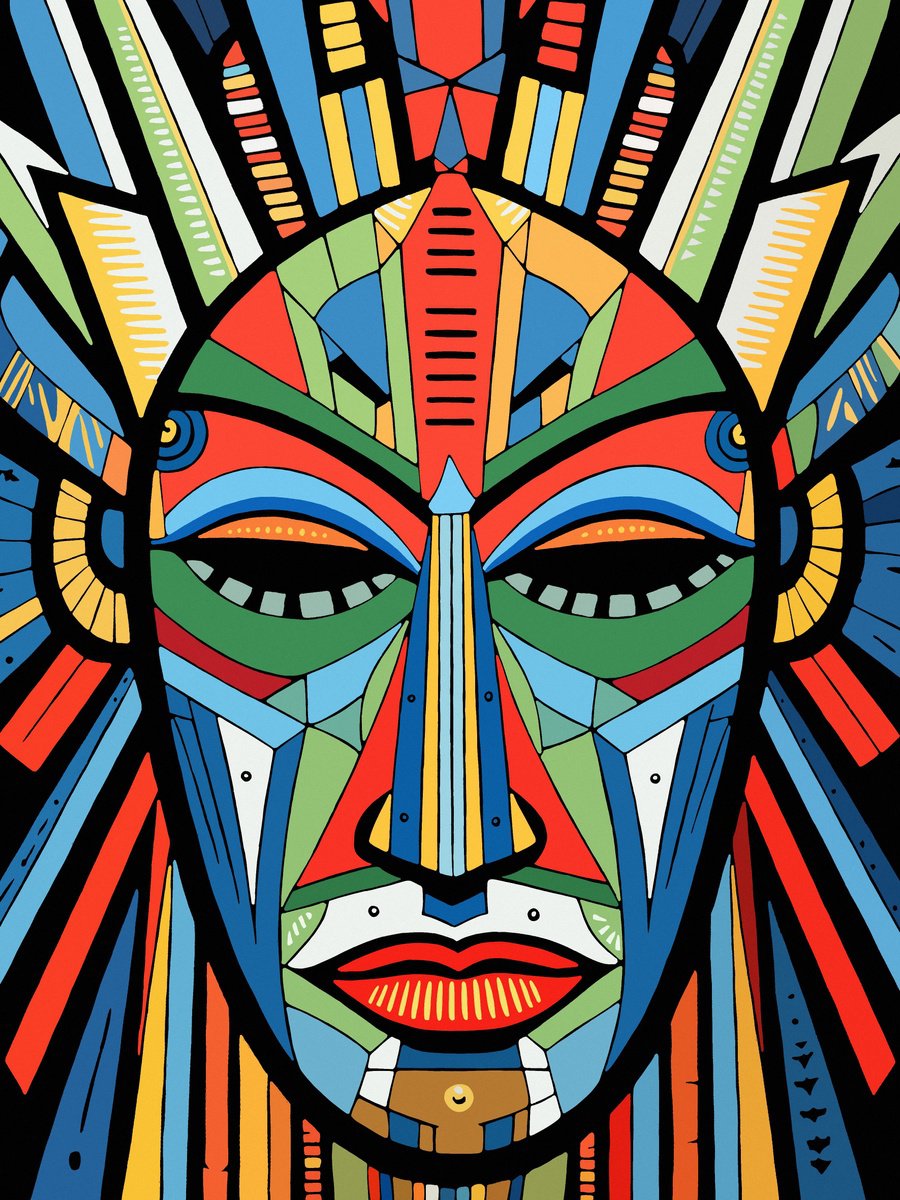 Illustrative Portrait Acrylic Painting By Kosta Morr, 24 X 31", African Mask Xiii, Original Artwork