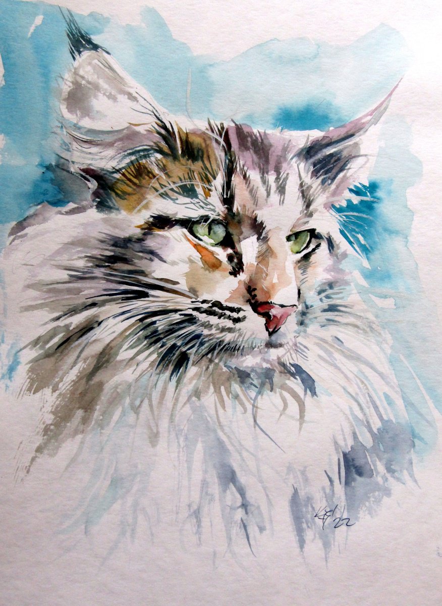 Impressionistic Animal Watercolour By Kovacs Anna Brigitta, 10 X 15", Cat Portrait, Original Artwork