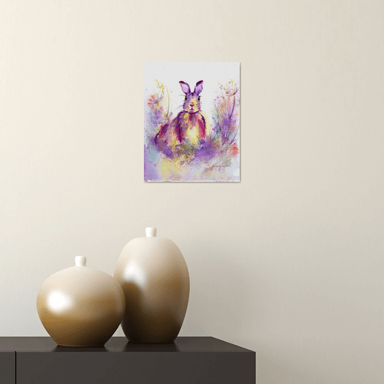 Hare painting, March Hare, original watercolour painting, Wildlife Wall art, Lilac, Whimsical Hare painting