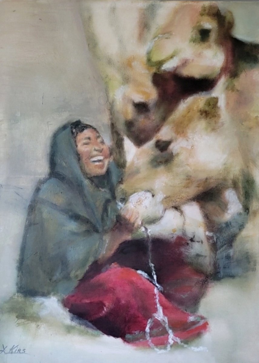 Impressionistic Animal Oil Painting By Yuliia Kyrsanova, 24 X 31", The Camel Trinit, Original Artwork