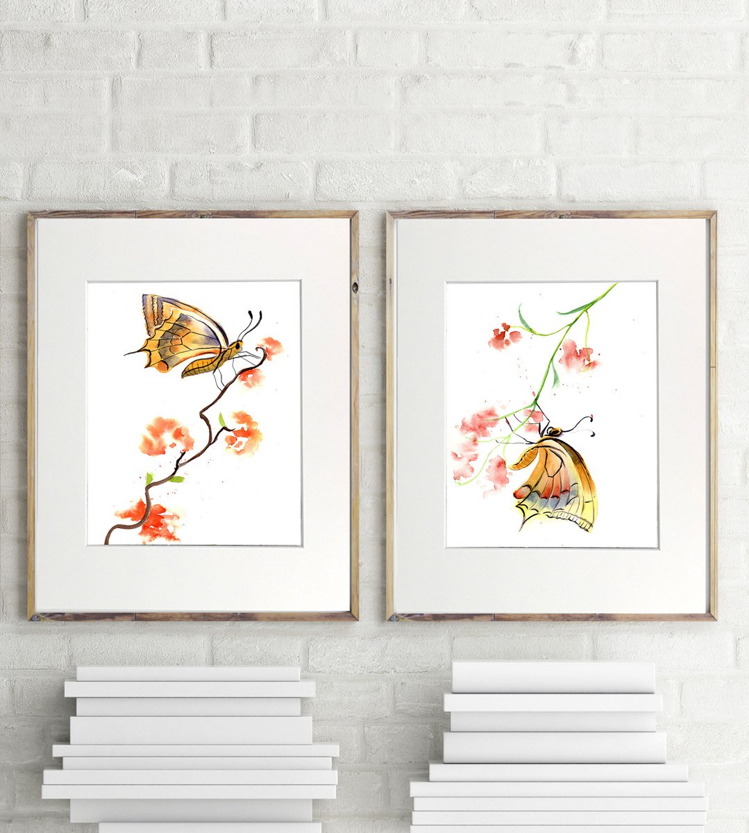 Butterfly and plant - Set of 2 mounted original watercolor paintings by Olga Shefranov (Tchefranova)