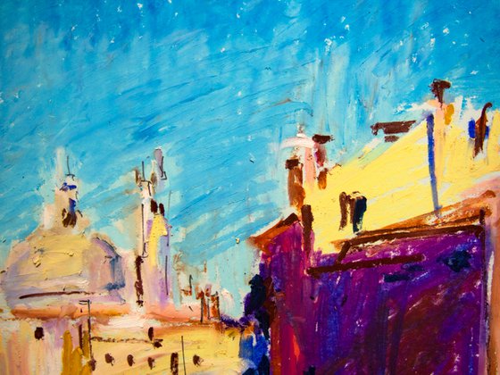 Venice in a morning light. Dreams about Italy series. Oil pastel painting. Original venice italy old town tower urban street landscape interior decor small canal blue sea